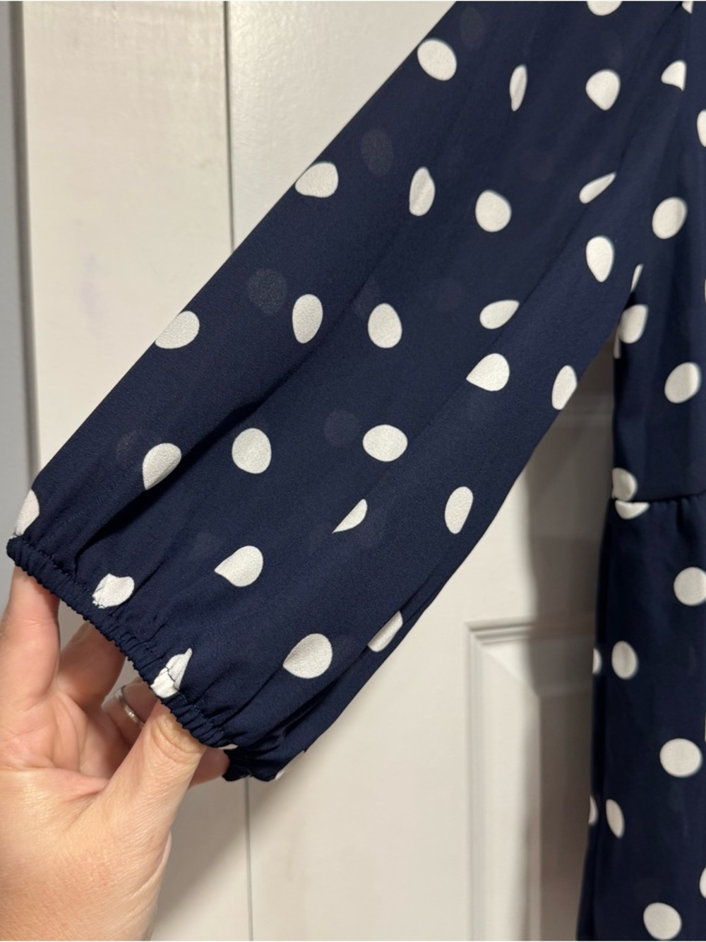 Ruffled V-Neck Polka Dot Peplum Blouse - Navy - Picture 3 of 10